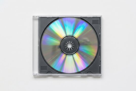 Compact Disc CD or DVD in Transparent Jewel Case with Iridescent Rainbow Reflections Isolated on White Background