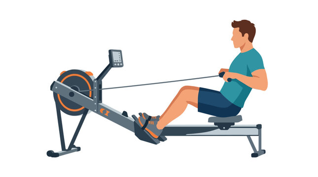 Fit man performing intense cardio workout on indoor rowing machine flat design illustration