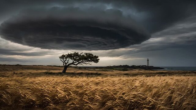 Dramatic Stormy Sky with Swirling Clouds over Golden Grassland and Solitary Tree Near Lighthouse