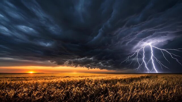 Dramatic Sunset Over Golden Wheat Field with Dark Storm Clouds and Lightning Strikes Illuminating Sky