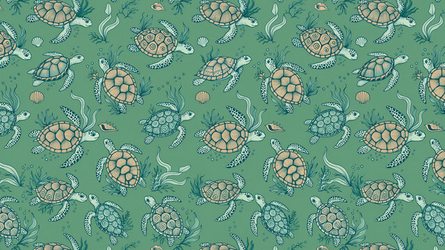 A seamless pattern of line-art style sea turtles swimming amidst seaweed and scallops.