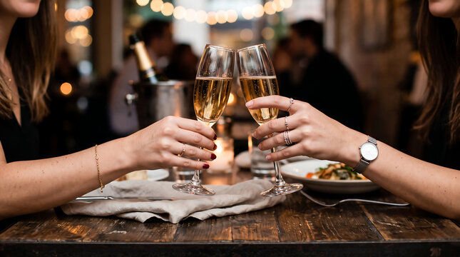 Celebrating two women toasting with champagne in a festive setting. Suitable for holiday, party, celebration, friendship, and lifestyle concepts.