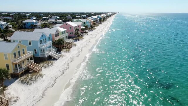 Oblique aerial view showing row of pastel cottages on wooden stilts beside narrow white sand beach, with turquoise sea, gentle surf, palm vegetation, bright sky, calm shoreline and resort setting.