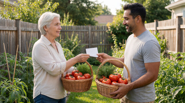 Neighborly sharing, 60 year old white woman and 40 year old Hispanic man exchange harvest in garden