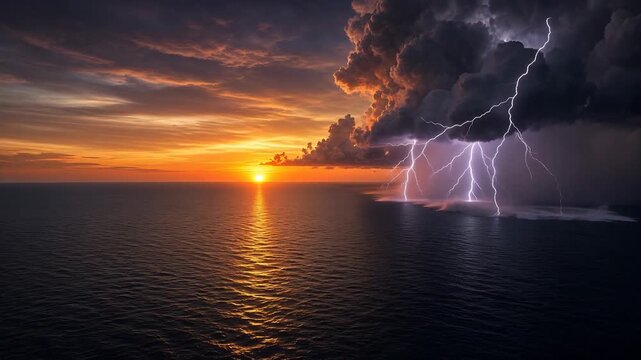 Dramatic Sunset Over Ocean with Lightning Striking from Dark Clouds Creating an Electrifying Atmosphere