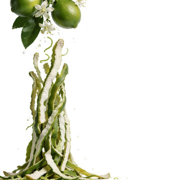 Dried lime peel strips suspended in a vertical column rising from the lower edge on transparent background