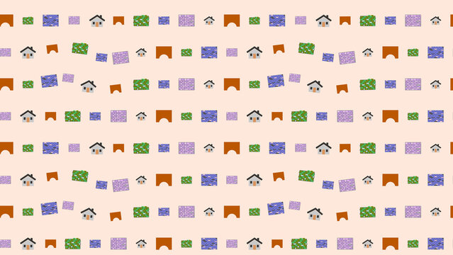 Seamless pattern of houses, brick walls, and archways