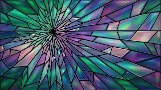 Abstract background featuring a shattered glass pattern with vibrant teal and purple light reflections and geometric shards