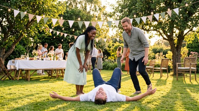 Friends laughing as a man falls backward at a garden party
