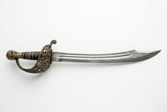 Ornate Pirate Cutlass Sword with Skull Pommel and Intricate Brass Hilt Isolated on White Background for Commercial Use