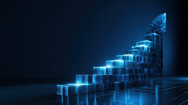 Bold upward arrow built from stacked translucent glowing data cubes rising against a dark blue background, with soft shadows and a calm composition
