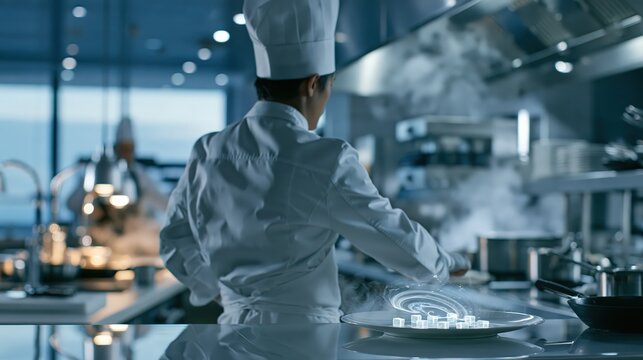 Chef in a white jacket seen from behind plating a dish in a bright modern restaurant kitchen, in a calm cinematic mood