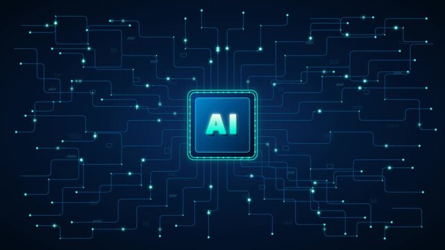 Artificial Intelligence AI Microchip on Digital Blue Circuit Board Background with Glowing Data Particles