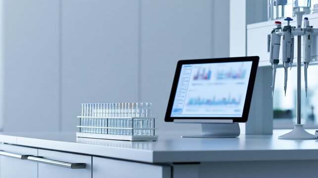 Clean laboratory bench with rows of sample vials in a rack and scientific equipment in soft light, in a calm cinematic mood
