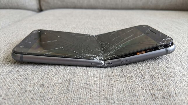 Bent and cracked smartphone showing structural damage from being sat upon