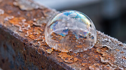 Obraz premium Macro photography of a fragile frozen soap bubble with ice crystals on decaying iron