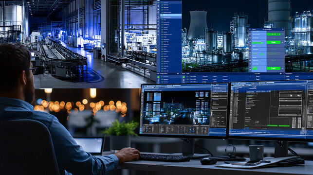 Factory monitoring split-screen showing physical and digital work