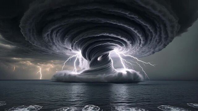 Dramatic Swirling Storm Clouds Forming Vortex Above Ocean with Lightning Display