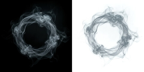 Fototapeta premium Abstract smoke ring swirling in a circular motion, ethereal wisps of white vapor forming a hollow circle shape isolated on transparent background