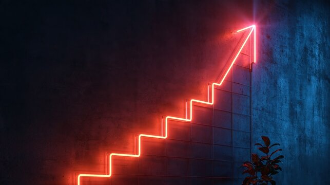 Line chart shaped from bent glowing neon glass tubing mounted on a dark concrete wall, with a shallow depth of field