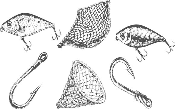 Fishing fish, hooks and landing nets vintage engraving set, featuring hand-drawn fishing net and fishing gear elements in monochrome retro vector illustration for angling equipment