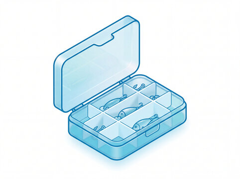 Isometric tackle box filled with fishing lures and hooks on white