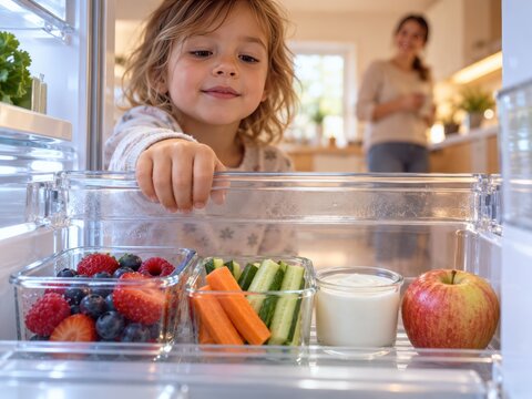 Child Reaching for Healthy Snacks in Refrigerator Drawer