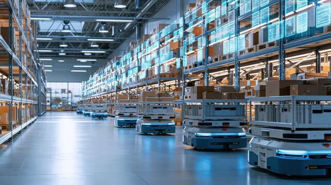 Modern warehouse aisle with low autonomous mobile robots carrying crates beneath tall shelves, in a calm cinematic mood