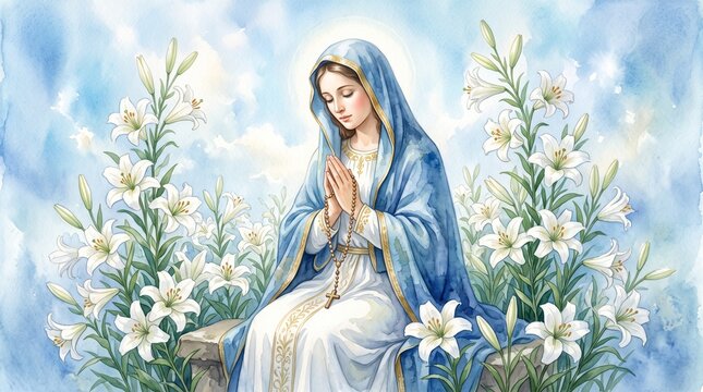Virgin Mary Praying with Rosary and White Lilies Watercolor Illustration