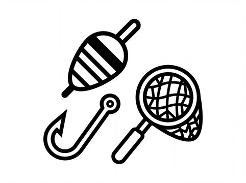 Fishing gear icons set including hook float and landing net