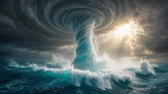 Dramatic Tornado Forming Over Turbulent Waters Illuminated by Sunlight Through Dark Clouds