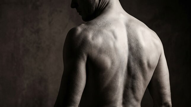 Dramatic of a muscular man's back showing athletic definition under low-key studio lighting.