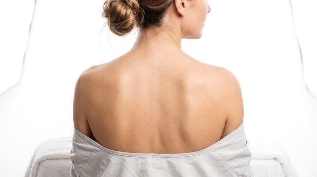 A young woman with bare back and shoulders wearing white top