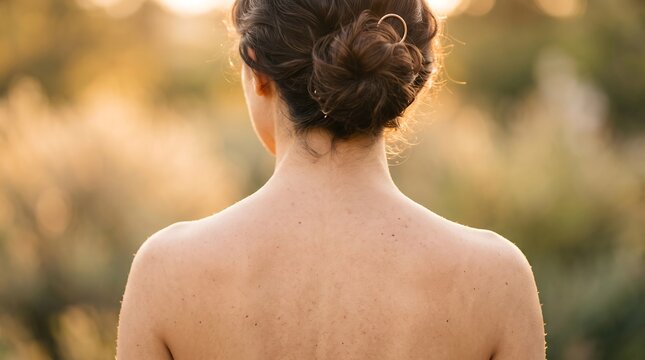 Rear view of a woman with bare back and hair bun outdoors in warm sunlight