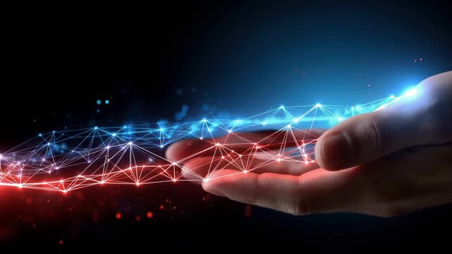 A human hand is extended, palms open, supporting a luminous network of glowing nodes and connecting lines, symbolizing innovation, connection. Created with Generative AI, not depicting real subjects.