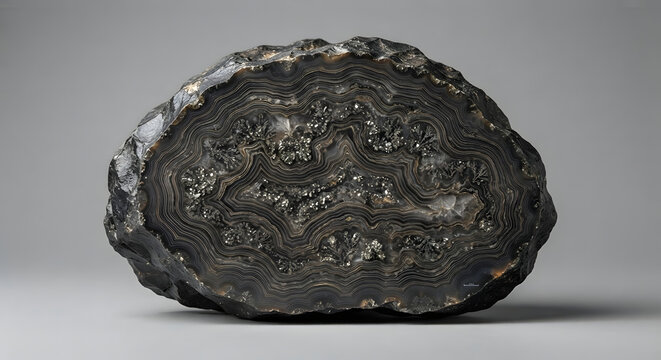 Polished black agate geode slice, natural dark gemstone with concentric wavy bands, geological mineral specimen for luxury interior design