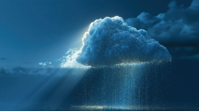 Soft cumulus cloud made of luminous tiny data points releasing a rain of light, with soft shadows and a calm composition
