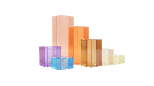Colorful transparent acrylic blocks of different sizes arranged in a cluster for modern design and creative decoration