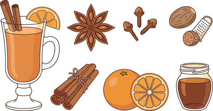 Autumn Spiced Cider Hot Drink Vector Set Featuring Cinnamon Anise Clove Orange and Honey Jar Illustration Graphics