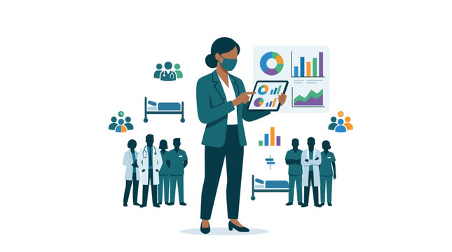 Professional healthcare administrator managing hospital data and medical staff with digital tablet flat vector illustration.
