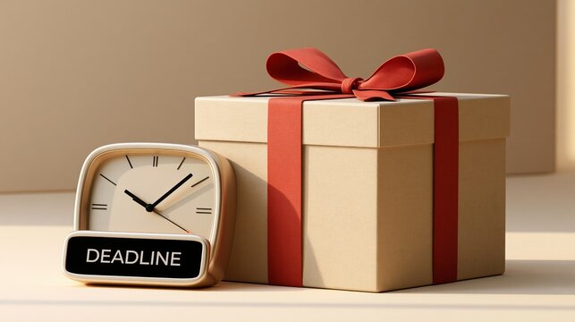 A clock labeled  DEADLINE  next to a gift box with a red ribbon