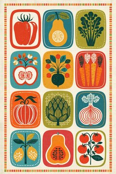 Kitchen tea towel print with a grid of nine folk fruits and flowers, with plenty of empty space for text