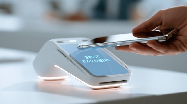 A hand holds a smartphone over a payment terminal displaying  SPLIT PAYMENT