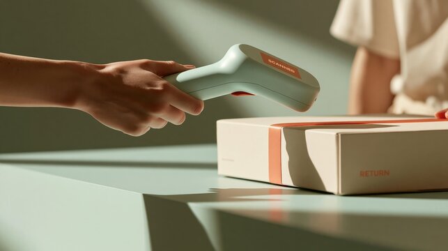A hand scans a return package with a handheld scanner device