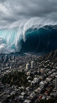 Dramatic View of Towering Tsunami Waves Approaching a Coastal City Under Stormy Skies