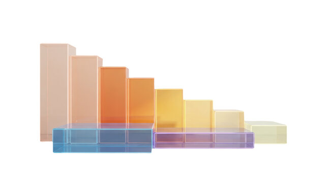 Colorful glass bar chart showing a downward trend with transparent blocks standing on a platform representing business data analysis and financial decline in a modern style