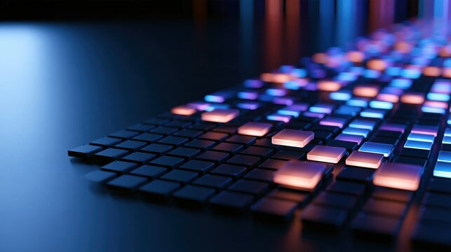 Rows of small glowing tiles on a dark surface with some tiles raised and lit, with soft shadows and a calm composition