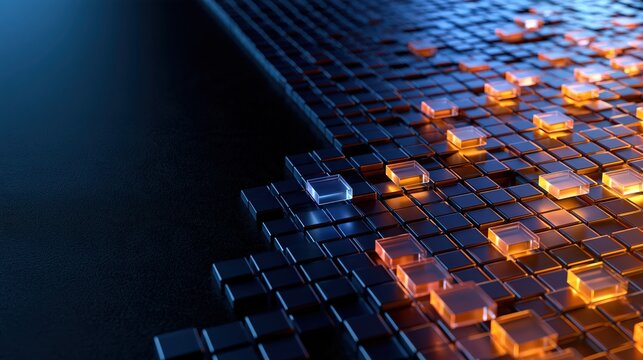 Rows of small glowing tiles on a dark surface with some tiles raised and lit, with plenty of empty space for text