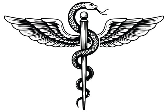 Caduceus symbol with snake and wings