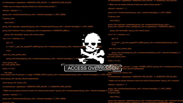 Cyber security alert: access overridden warning with skull and source code background, cybersecurity hacking